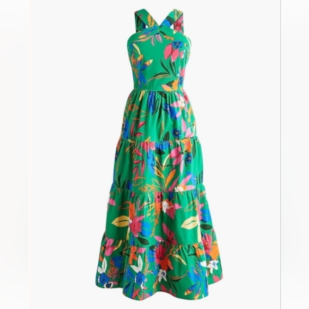 J. Crew Printed Tiered Halter Midi Dress Bright Clover Tropical 00 🌺🏵️
